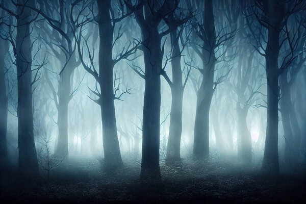 Dark tree silhuettes in enchanted forest at night, fog and mysterious glow. 3D digital illustration