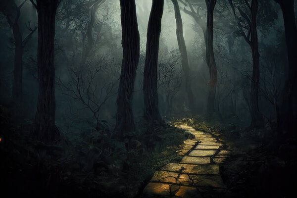 Mysterious glowing path in dark forest at night, scary fairy tale atmosphere. 3d digital illustration