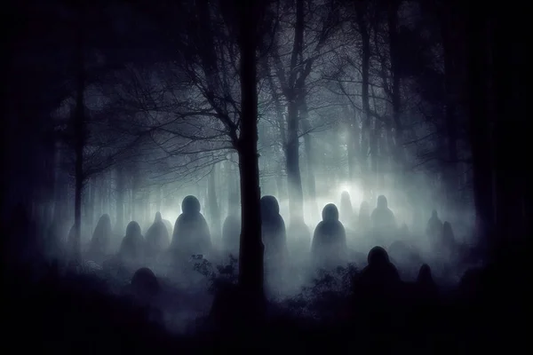 在黑暗的雾蒙蒙的森林里鬼鬼祟祟的人影被恶灵缠绕着 在深夜之间 3D数字说明 — 图库照片