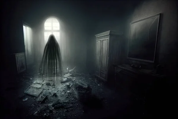 黑暗半透明的鬼魂形象在废弃的房间里 月光照亮了鬼屋内部的夜晚 地板上的瓦砾和令人生畏的气氛 恐怖故事3D数字插图 — 图库照片