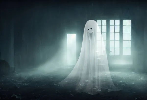恐怖的白色透明鬼女人 伤心的脸在被遗弃的房间里 闹鬼的房子内部 雾蒙蒙的神秘气氛 3D数字图像 — 图库照片