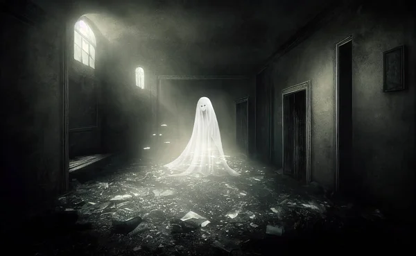 白色幽灵般的女性形象 在废弃的房子里有着可怕的脸 黑暗的大厅内部 地板上有碎石 月光闪耀 恐怖的故事氛围令人生畏 3D数字图像 — 图库照片