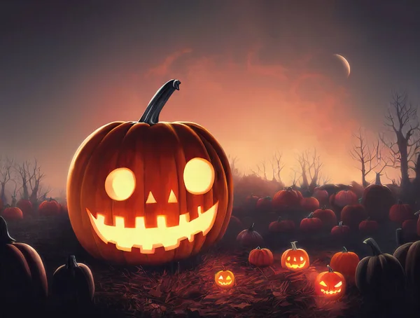 Dýňové Pole Noci Halloweenské Dýně Zářícíma Očima Děsivými Tvářemi Digitální — Stock fotografie