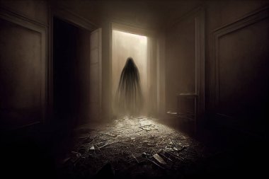 Terk edilmiş bir odada karanlık hayaletli bir figür, ürkütücü perili bir ev, yerdeki molozlar. Sepya tonlu, 3B dijital illüstrasyon