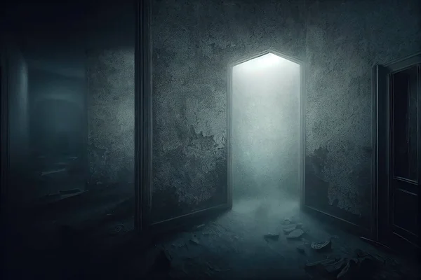 在一间废弃的房子里的黑暗的大厅里 明亮的门 令人生畏的神秘气氛 带有复制空间的3D数字图像 — 图库照片