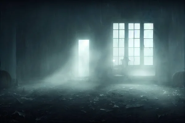 Interior Quarto Vazio Casa Assombrada Noite Atmosfera Sombria Luar Nevoeiro — Fotografia de Stock