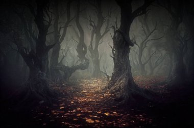 Peri masalı ormanının derinliklerinde, sisli bir patika boyunca karanlık ürkütücü ağaçlar siluetleri. 3B dijital illüstrasyon
