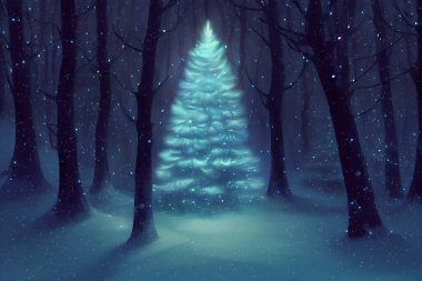 Karanlık kış ormanlarında ışıl ışıl parlayan Noel ağacı karla kaplı. Koyu mavi arkaplan, dijital illüstrasyon