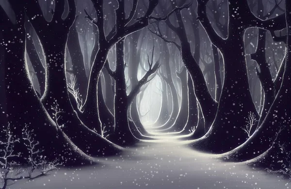 Zaczarowany Baśniowy Las Zimą Opady Śniegu Stare Drzewka Sylwetki Wzdłuż — Zdjęcie stockowe