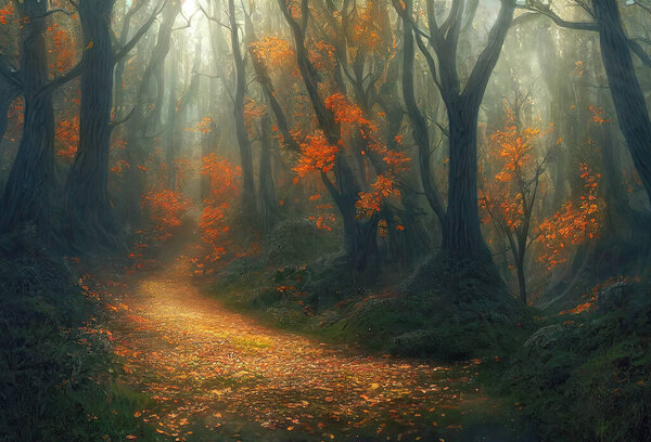 Colorful autumn trees along a forest trail in misty overcast day, bright golden foliage. 3D digital illustration