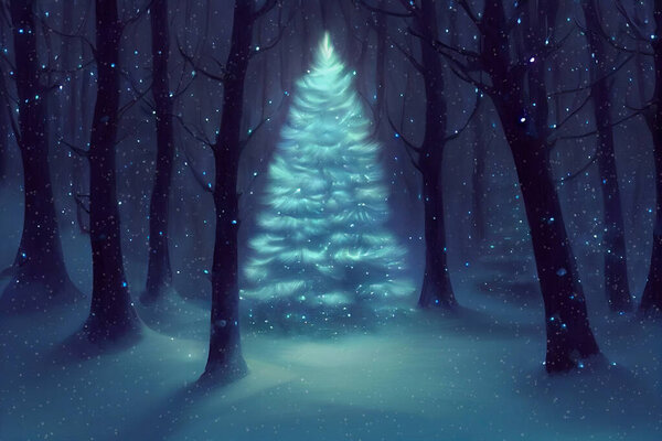 Christmas tree shining brightly growing deep in dark winter forest covered with snow. Dark blue background, digital illustration