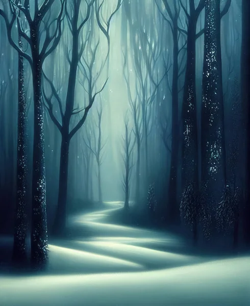 Zimowa Kraina Czarów Tajemnicza Ścieżka Pokryta Śniegiem Głęboko Zaczarowanym Lesie — Zdjęcie stockowe