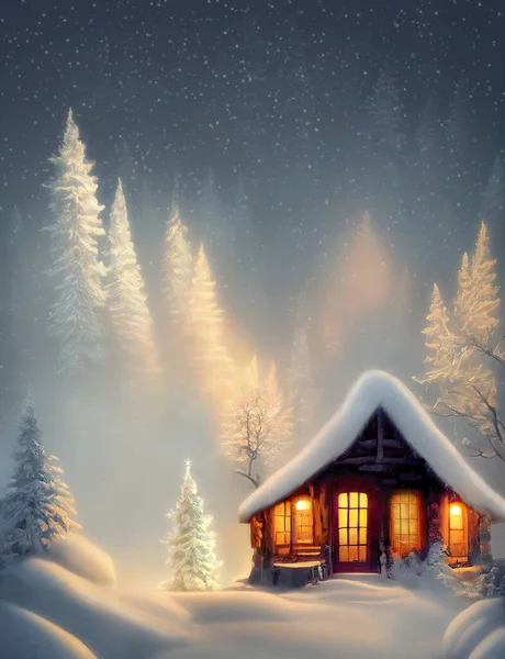 Winter Fairy Tale Cozy Wooden Cottage Surrounded White Fir Trees — Stock Photo, Image