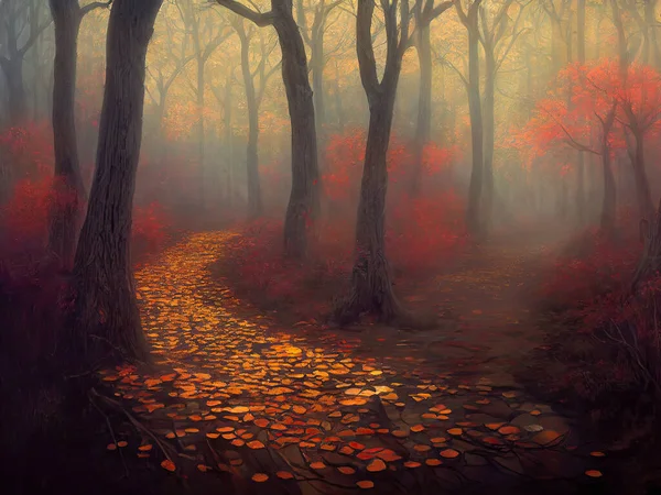 Bright orange and red leaves covering a footpath in autumn park, colorful trees in foggy evening. 3D digital illustration