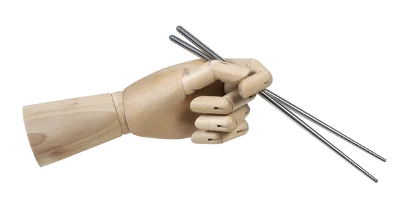 Wooden Hand Holding Metal Chopsticks — Stock Photo, Image