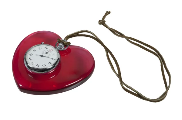 Stopwatch and Red Heart on leather cord — Stock Photo, Image