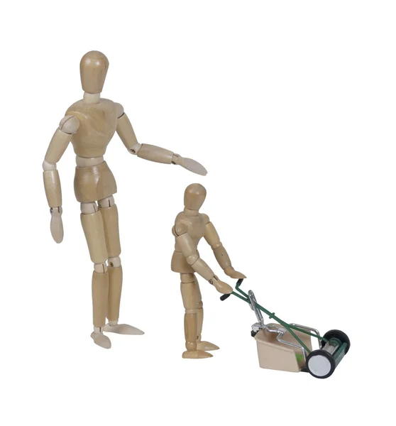 Adult Supervising Child using Push Style Lawn Mower — Stock Photo, Image