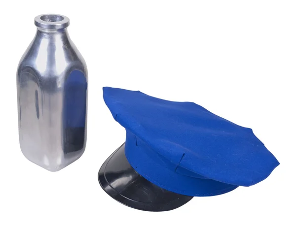 Milkman Hat and Silver Milk Bottle — Stock Photo, Image