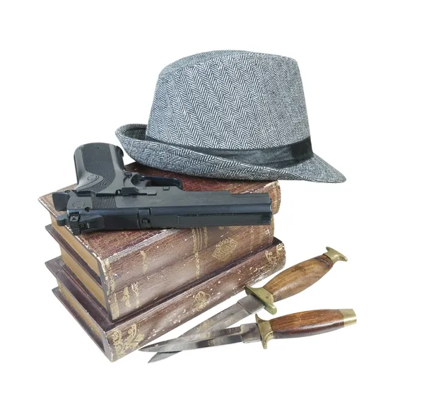 Murder Mystery Books Gun Knives Hat — Stock Photo, Image