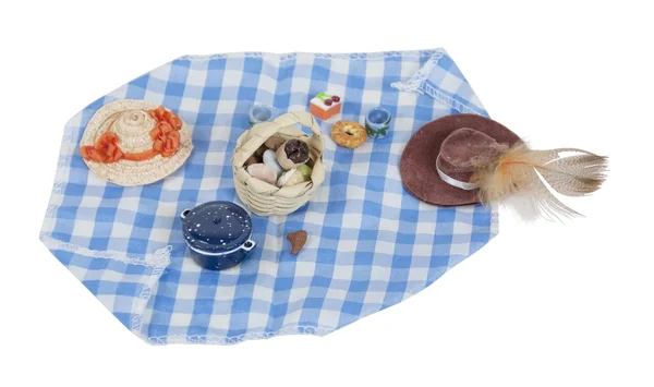 Piknik żywności określone na koc bawełniany materiał w kratkę — Zdjęcie stockowe