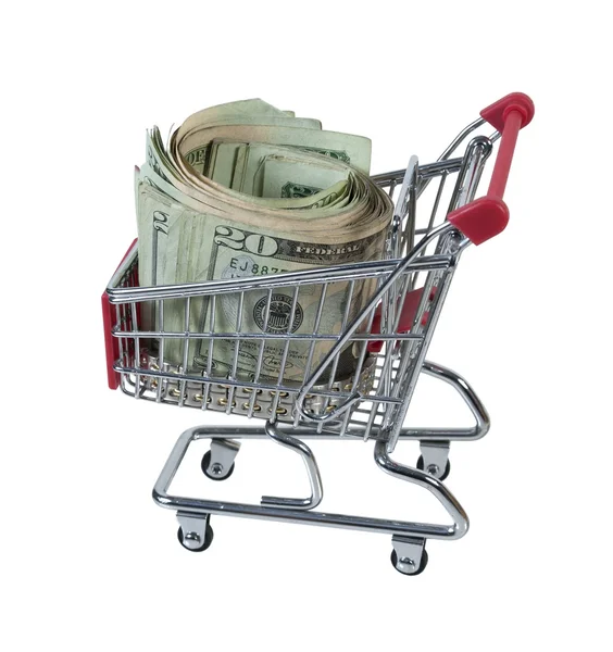 Role peněz v nákupním košíku — Stock fotografie