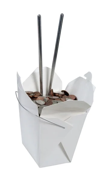 Take Out Box Full of Change with Chop Sticks — Stock Photo, Image