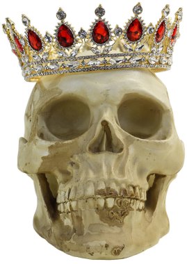 Kafatası, başına eğimli bir açıyla mücevherli bir taç takıyor.