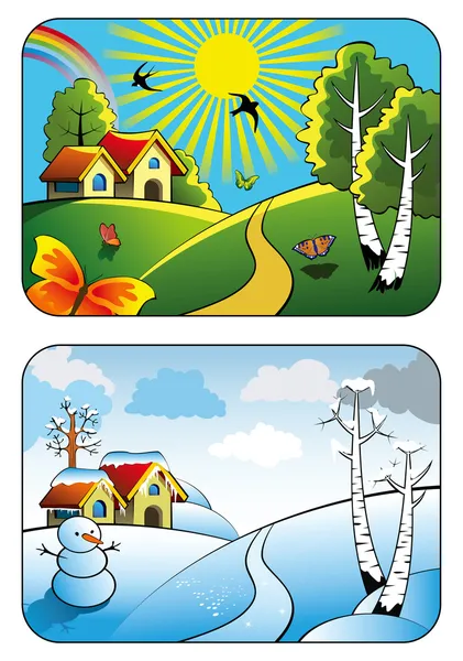 Winter en zomer landschap — Stockvector