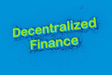 Merkezi olmayan finansal sistem, kripto para birimi, engelleme zinciri ve dijital varlık 3D illüstrasyonu için DeFi Finans afişi