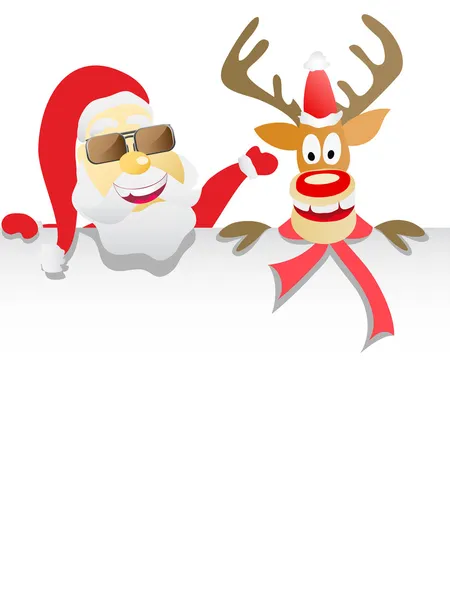 Santa Clause and Reindeer Rudolph Holding Blank Sign — Stock Vector