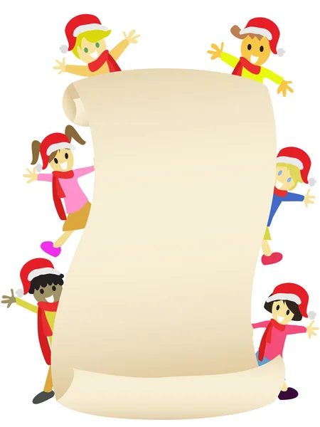Crianças com banner em branco para o Natal chegando —  Vetores de Stock