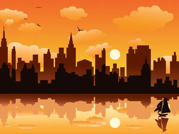 Staden i solnedgången — Stock vektor
