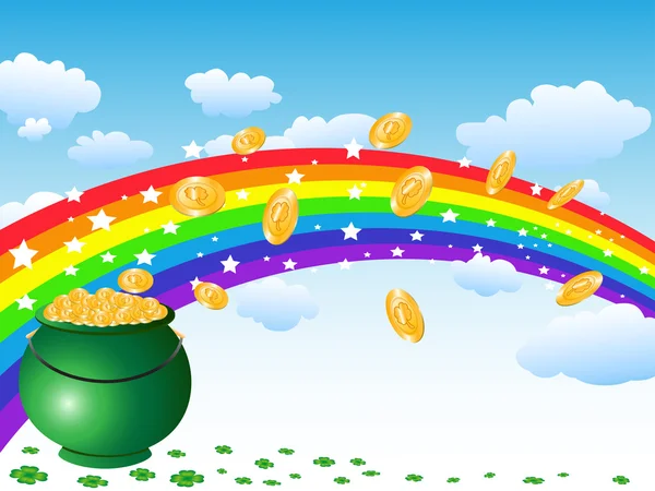 Pot of gold coins and rainbow — Stock Vector