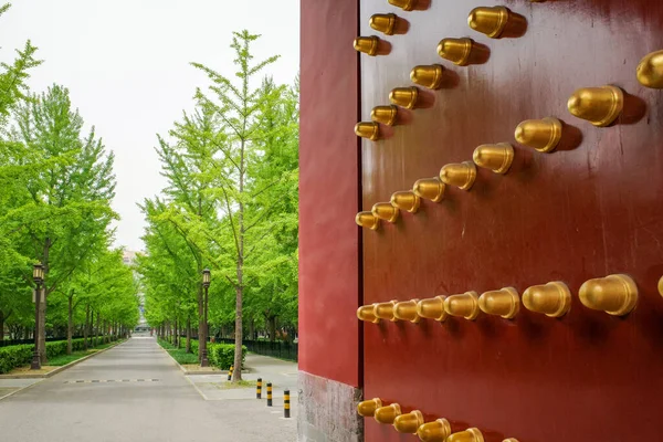 Red Door Golden Nail Chinese Building — Stock Photo, Image