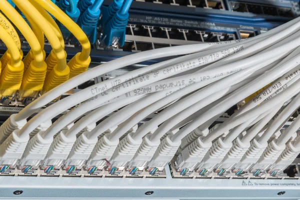 Cabluri de rețea conectate la comutator — Fotografie, imagine de stoc