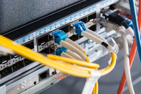 Fiber Optiska Kablar Anslutna Till Optisk Portar Data Switch Internet — Stockfoto