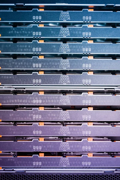 Close Server Trays Filled Hard Disks Internet Cloud Center — Stock Photo, Image