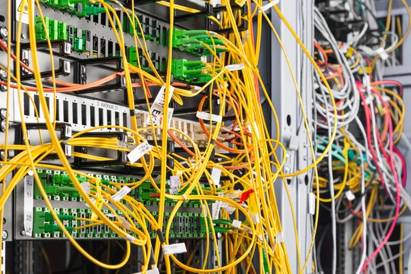 Detail Des Server Racks Mit Glasfaserkabeln Die Den Schaltanschlüssen Der — Stockfoto