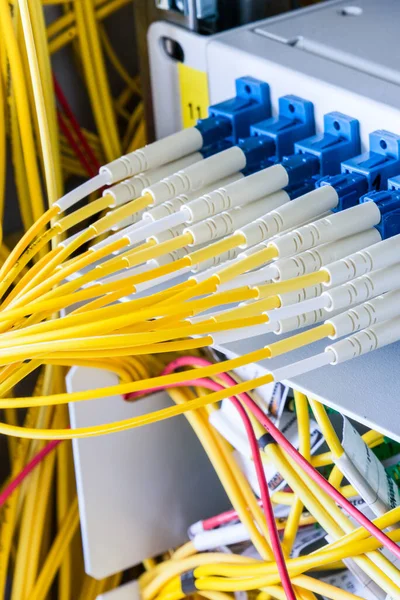 Veri Merkezindeki Anahtar Paneline Takılı Fiber Optik Kablolar — Stok fotoğraf