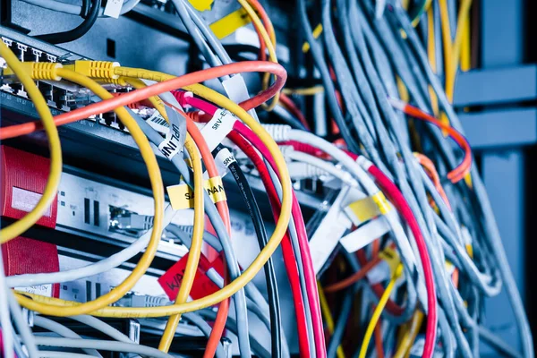 Detail Des Serverraums Mit Mehreren Netzwerkkabeln Die Mit Einem Switch — Stockfoto