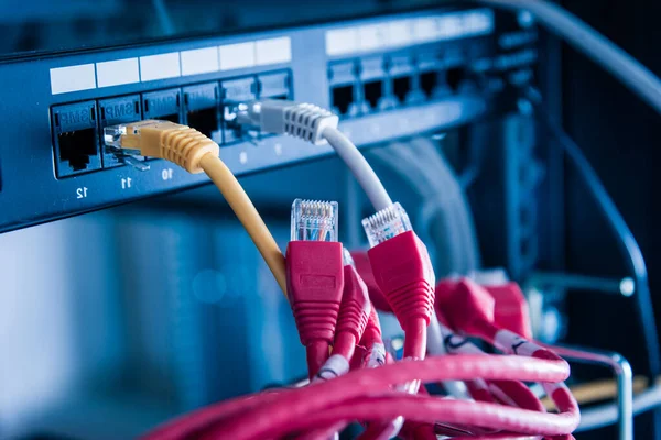Кабели Красными Заплатками Подключенные Портам Ethernet Коммутатора — стоковое фото