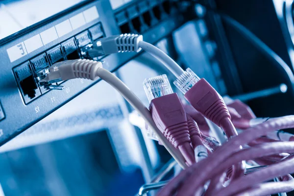 Czerwone Kable Podłączenia Portów Ethernetowych Przełącznika — Zdjęcie stockowe