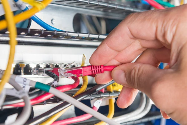 Nahaufnahme Der Hand Des Administrators Der Netzwerkkabel Switch Einbindet — Stockfoto