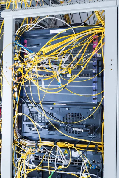 Yellow Fiber Optic Cables Plugged Network Switch — Stock Photo, Image