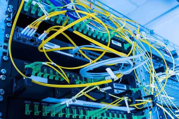 Fiber Optic Cables Plugged Network Switch Panel Data Center — Stock Photo, Image