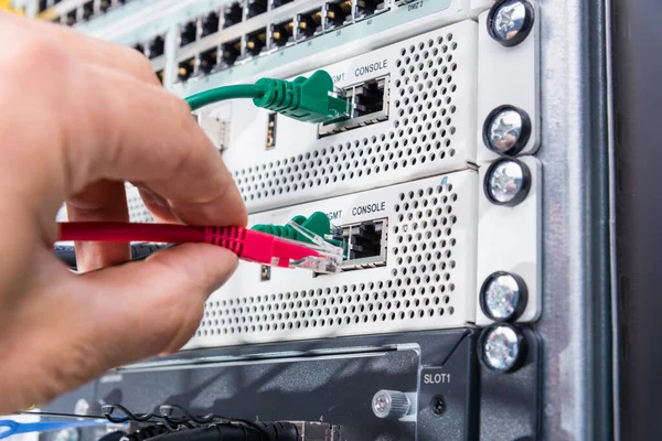 Mano Del Técnico Informático Que Conecta Cable Conexión Interruptor Datos —  Fotos de Stock