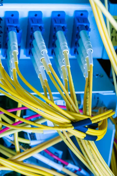 Cavi Fibra Ottica Collegati Pannello Commutazione Rete All Interno Del — Foto Stock