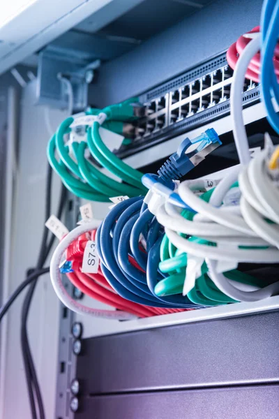 互联网数据中心内的网络面板 交换器和电缆 — 图库照片