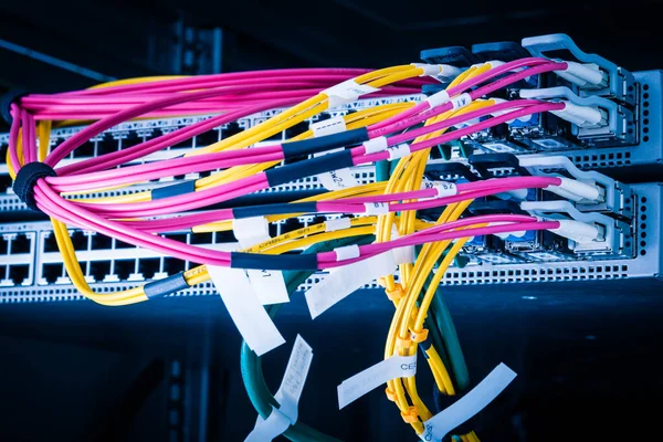 Fiber Optic Cables Connected Optic Ports Data Switch Internet Data — Stock Photo, Image