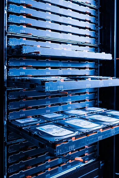 Close Hard Disk Drives Hosting Center Server Rack Filled Trays — Stock fotografie